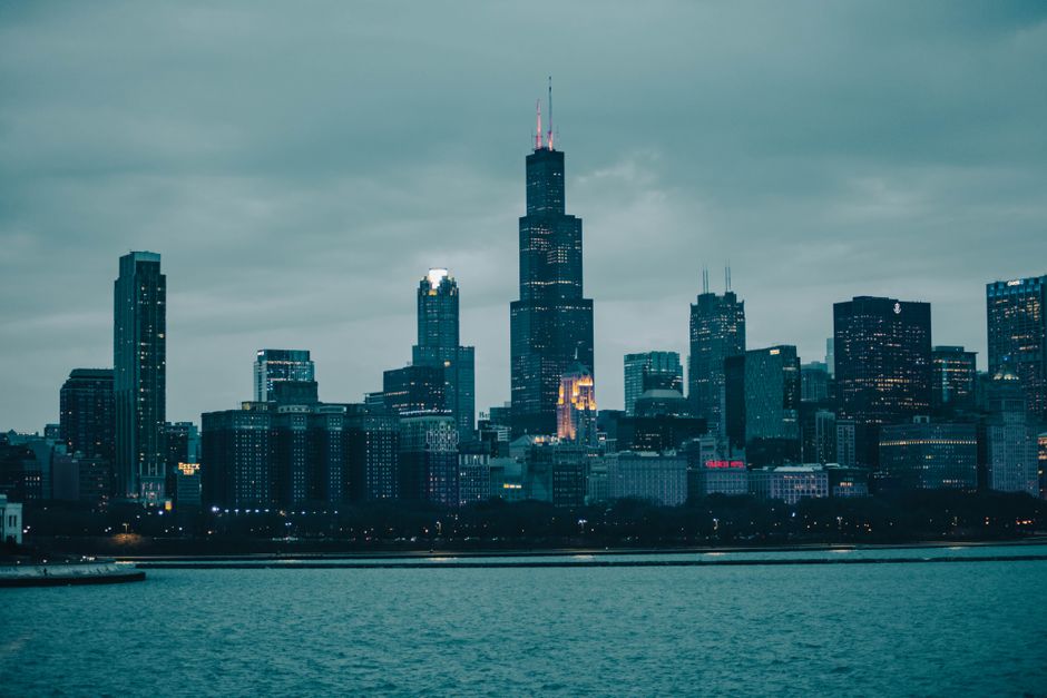 Panoramic view of the Chicago skyline at dusk